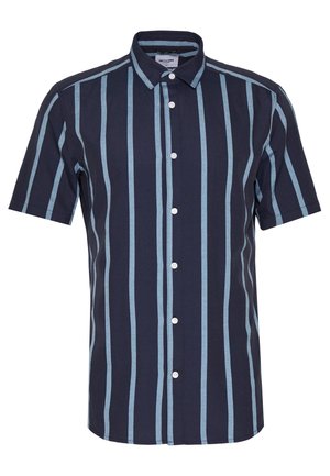 Marineblaues kurzärmliges Hemd mit Knöpfen, vertikalen hellblauen Streifen und klassischem Kragen.