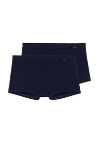 Marineblauwe katoenen boxershorts, met een elastische tailleband en een gecontourde pouch. Twee paren getoond met minimale ontwerpdetails.