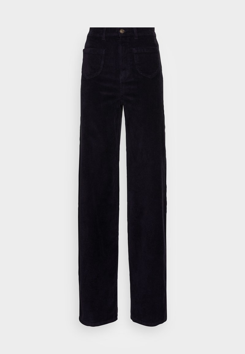 Pantalon large en velours côtelé noir à taille haute avec poches plaquées à l'avant et fermeture par bouton à la taille.