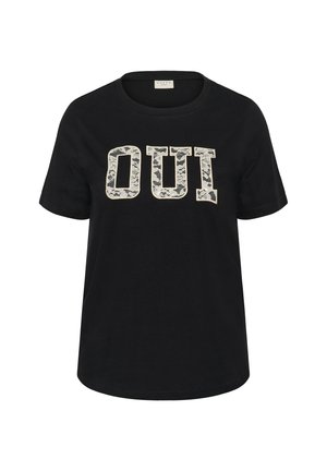 Černé bavlněné tričko s nápisem "OUi" v krémových písmech s texturou krajky. Kulatý výstřih a krátké rukávy s volnějším střihem.