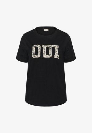 Čierne bavlnené tričko s nápisom "OUi" v krémových písmenách s textúrou čipky. Okrúhly výstrih a krátke rukávy s voľným strihom.