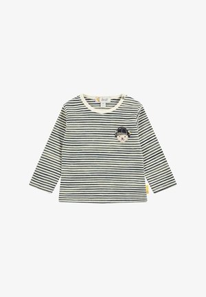 Camisa de manga larga a rayas en crema y azul marino. Presenta un escote redondo, tejido suave y un parche cosido de un oso con gorra en el pecho.