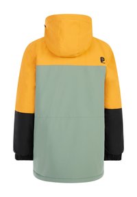 Farbe-blockierte Jacke mit gelber Kapuze, grünem Mittelteil und schwarzen Ärmeln. Aus glattem, strapazierfähigem Stoff mit elastischen Bündchen.