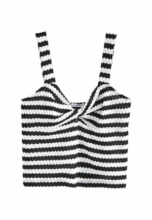 Sort og hvid stribet strikket crop top med brede stropper og en snoet knudedetalje foran i midten.