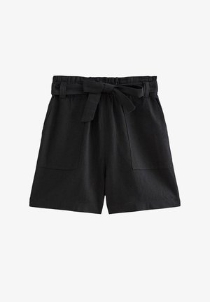 Shorts noirs taille haute avec ceinture élastique, ceinture à nouer soi-même et deux poches plaquées devant, présentés sur fond blanc.