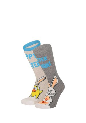 Two Easter-themed socks, one grey with a bunny holding an egg, one beige with a chick wearing bunny ears and blue text.