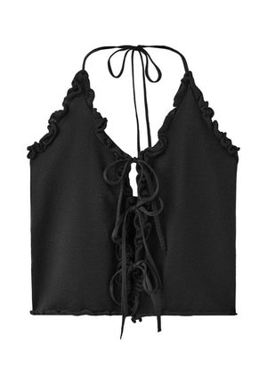 Haut dos nu noir avec bords volantés et fermetures à nouer devant au centre.