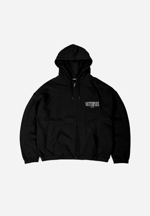 Black zip-up hoodie in cotton blend, featuring a kangaroo pocket, adjustable hood, and text logo on the left chest. Smooth texture.