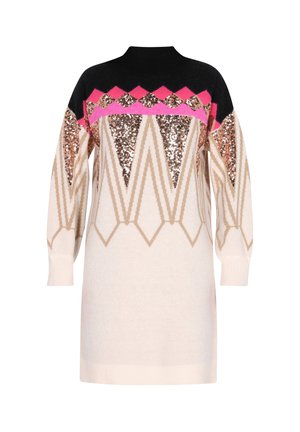 Gebreide sweaterjurk in crème met zwarte, roze en gouden sequins in geometrische patronen. Heeft een hoge hals en geribde manchetten.