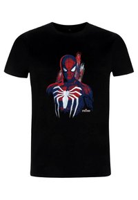 Svart bomull t-shirt med en grafisk tryck av Spider-Man med röda, blå och vita detaljer. Korta ärmar och rundad halsdesign.
