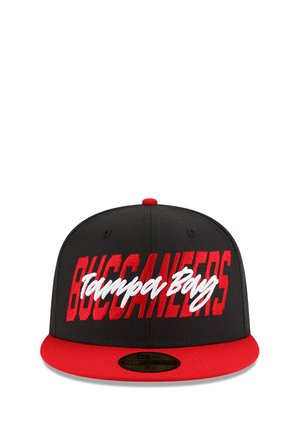 Black and red Tampa Bay Buccaneers flat-brim cap with "BUCCANEERS" in red and "Tampa Bay" in white script on front.