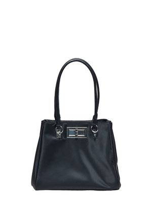 Sac à main en cuir noir avec doubles sangles d'épaule et une fermeture à verrouillage à bascule rectangulaire argentée au centre devant.