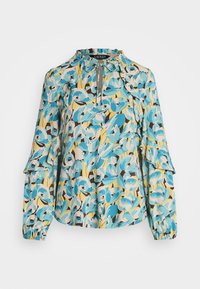 Květinová blůza s tyrkysovými, žlutými a hnědými vzory. Má kulatý výstřih, volánkové rukávy a elastické manžety.