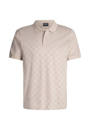 Beiges Poloshirt mit kurzen Ärmeln, einem dezenten geometrischen Muster und einer Knopfleiste mit drei Knöpfen.