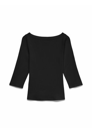 Czarna koszulka z długim rękawem i dekoltem w łódkę o dopasowanym kroju, prezentowana na płasko na białym tle.