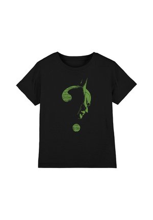 Black short-sleeve T-shirt featuring a green question mark with a profile of a masked character inside the question mark.