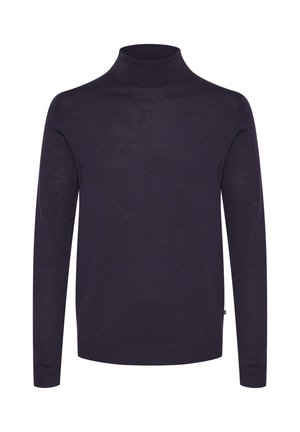 Námořnický modrý rolák vyrobený z lehkého, jemného pleteného materiálu. Má dlouhé rukávy a vysoký límec. Hladký povrch, jednoduchý design.