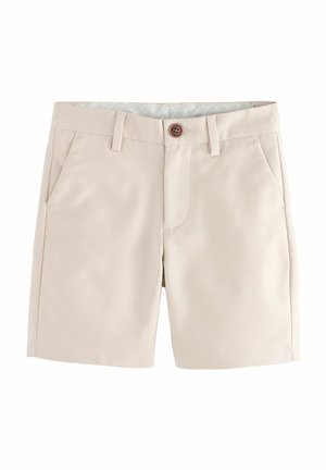 Pantaloni corti beige realizzati in tessuto morbido, dotati di chiusura con bottone, passanti per cintura e tasche laterali. Design semplice con una silhouette pulita.