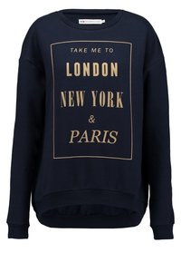 Felpa navy con testo dorato che recita "Portami a Londra, New York e Parigi", con una vestibilità comoda e polsini e orlo a costine.