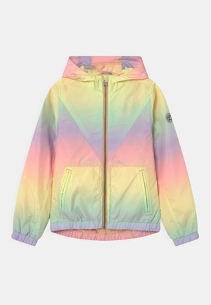 Let til, hættejakke i en gradient af pastelfarver (pink, gul, grøn). Har lynlås lukning og elastiske manchetter. Inkluderer frontlommer.