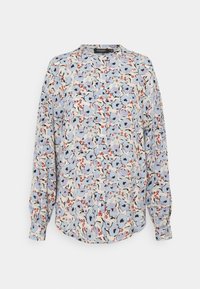 Bluzka z długim rękawem z lekkiego materiału, z jasnoniebieskim tłem i kwiatowymi printami w kolorach purpury, czerwieni i czerni. Zapięcie na guziki i fałdy.