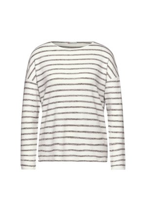 T-shirt à manches longues crème avec des rayures horizontales grises. Présente un décolleté large et une coupe décontractée. Texture douce sans quincaillerie visible.
