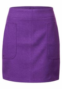 Violetti kangaskuusihame, jossa on kaksi etutaskua, sopiva muotoilu ja sileä pinta. Yksinkertainen vyötärö, jossa ei ole näkyviä kiinnityksiä.