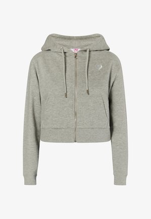 Bő szabású, puha anyagból készült szürke kapucnis pulóver, elöl cipzárral, zsinóros kapucnival és egy kis hímzett szív részlettel a mellrészen.