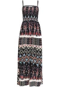Robe maxi sans manches noire avec des motifs tribaux et géométriques multicolores, corsage smocké et fines bretelles.