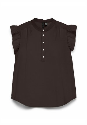 Blouse sans manches marron foncé avec des épaules à volants et une patte de boutonnage avec cinq boutons blancs sur le devant.