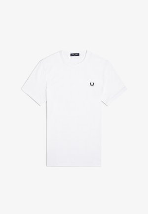 Wit T-shirt met korte mouwen en ronde hals, met een klein zwart lauwerkranslogo op de linkerborst.