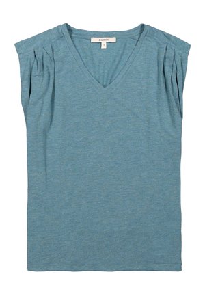 Blauw T-shirt met korte mouwen en V-hals, met geplooide details op de schouders, gemaakt van een zachte, textuurstof. Maatlabel "S" zichtbaar.