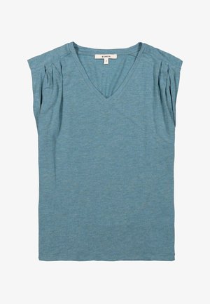 Blauw T-shirt met korte mouwen en V-hals, met geplooide details op de schouders, gemaakt van een zachte, textuurstof. Maatlabel "S" zichtbaar.