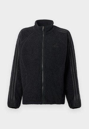 Black fleece zip-up jacket with high collar, ribbed cuffs, and three tonal stripes running down each sleeve.