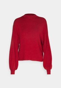 Czerwony sweter z dzianiny z wysokim kołnierzem, długimi rękawami w kształcie balonów i luźnym, cropped krojem. Miękka tekstura o gładkim wykończeniu.