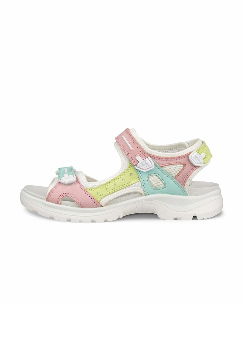 Lightweight sandal in pink, green, and blue materials with adjustable straps. Features a cushioned sole and cut-out design for breathability.