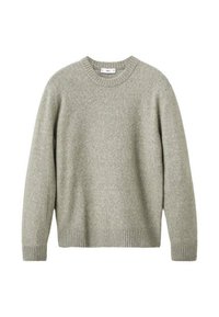 Suéter de lana gris claro de cuello redondo con mangas largas y puños y dobladillo acanalados, mostrado sobre un fondo blanco.