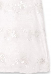 Witte jurk met een gestructureerd oppervlak, versierd met verspreide zilveren pailletten in bloempatronen. Glad materiaal, knie-lengte.