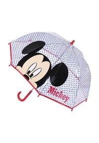 Ombrello di Topolino con uno sfondo trasparente, pois blu, dettagli rossi e un design prominente del viso di Topolino.
