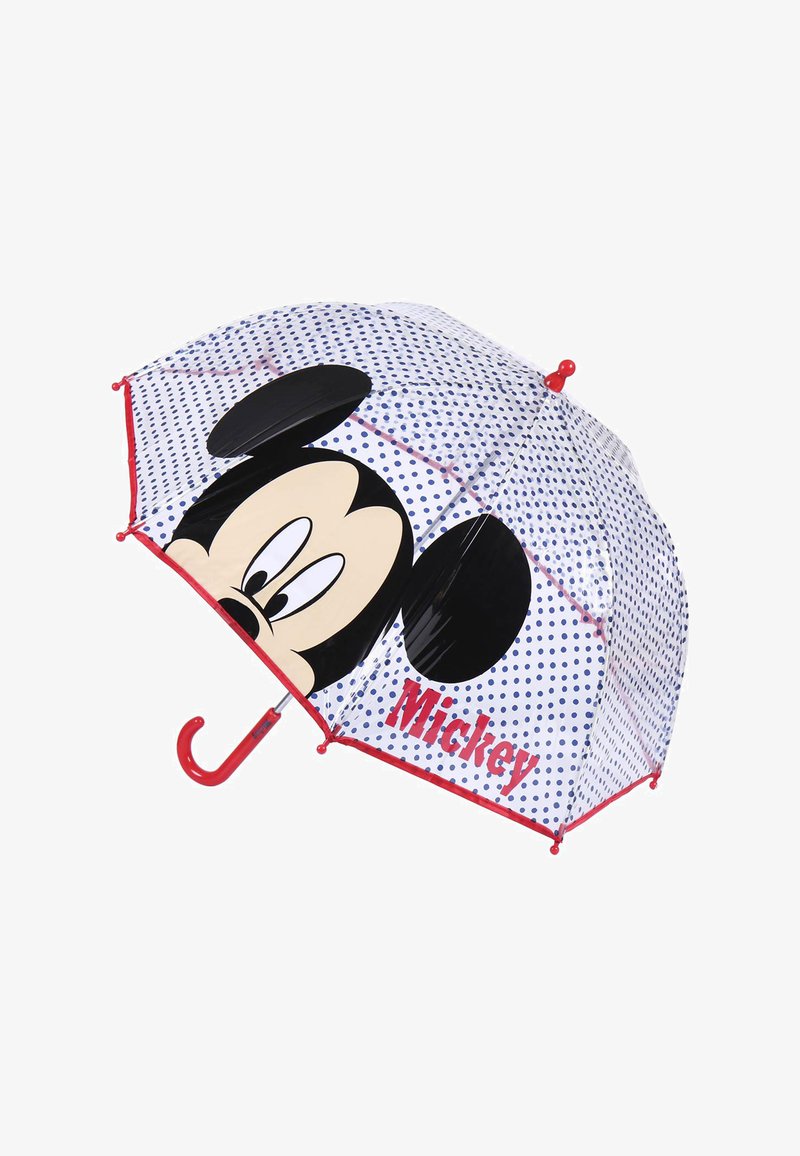 Ombrello di Topolino con uno sfondo trasparente, pois blu, dettagli rossi e un design prominente del viso di Topolino.