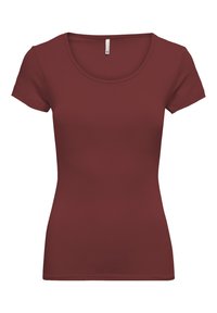 Burgundy short-sleeve t-shirt. Made of smooth fabric, features a round neckline and fitted design. No patterns or additional accents.