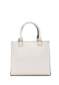 Borsa a mano in pelle bianca con forma strutturata, manici corti e dettagli in metallo dorato. I bordi neri mettono in risalto il design.