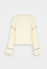 Cream ribbed knit sweater with a relaxed fit, wide sleeves, and black accent stitching along the cuffs. Textured fabric with a soft finish.