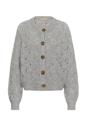 Gray knit cardigan featuring a textured pattern, round neckline, and large brown buttons down the front. Long puffed sleeves and ribbed hem.