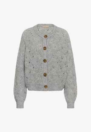 Gray knit cardigan featuring a textured pattern, round neckline, and large brown buttons down the front. Long puffed sleeves and ribbed hem.