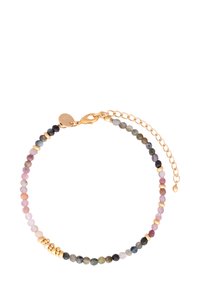 Bracelet à perles multicolores composé de petites pierres naturelles rondes entrecoupées d'accents en ton or et d'une extension en chaîne pour un ajustement de taille.