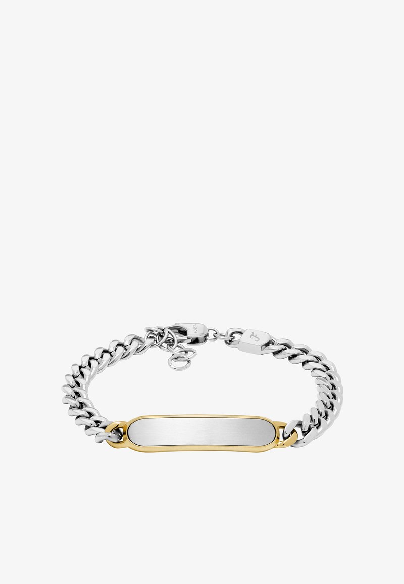 Bracciale in metallo argento e oro con un design a catena spessa e una piastra centrale rettangolare liscia per incisione.