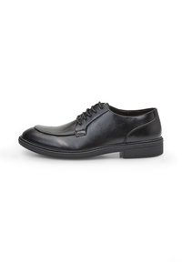 Chaussure en cuir noir à lacets avec un bout rond, texture lisse, détails de couture subtils et un petit talon carré.