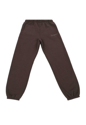 Braune Jogginghose aus weichem Stoff, mit einem elastischen Bund und Bündchen an den Säumen, mit dem Wort "Dropsize" in heller Stickerei an der Seite.
