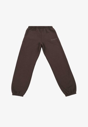 Pantalones de chándal marrones hechos de una tela suave, con cinturilla elástica y dobladillos ajustados, y la palabra "Dropsize" bordada en un tono claro en el costado.